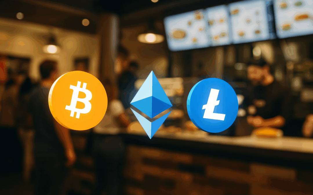 Logos de crypto-monnaies Bitcoin, Ethereum et Litecoin flottant en surimpression devant un comptoir de fast-food moderne.