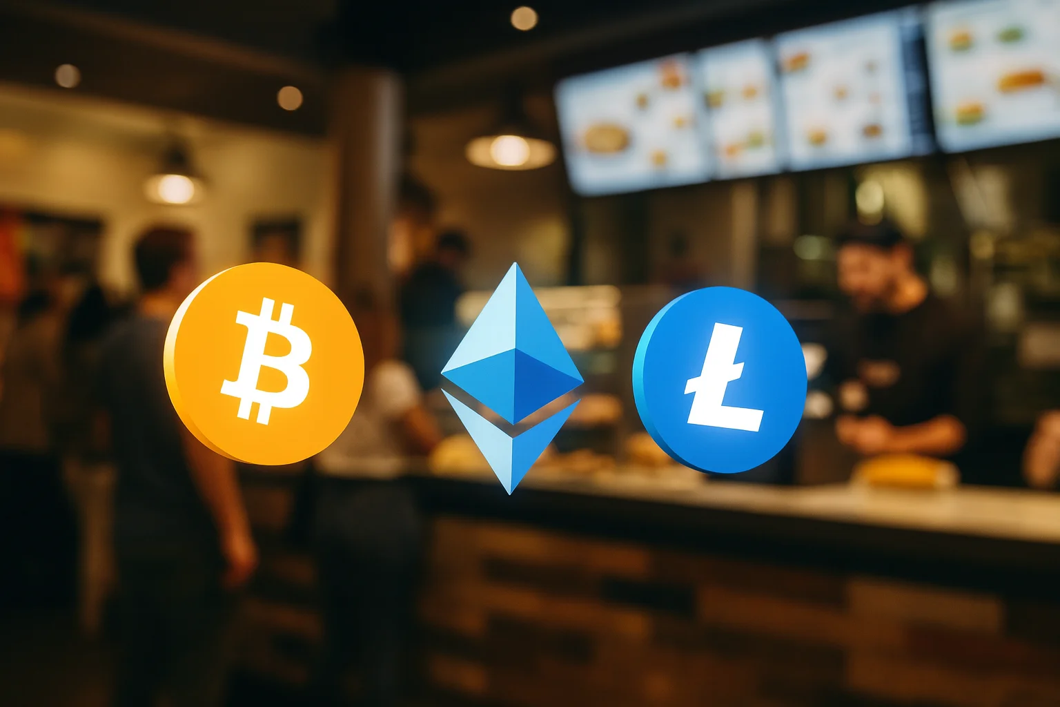Logos de crypto-monnaies Bitcoin, Ethereum et Litecoin flottant en surimpression devant un comptoir de fast-food moderne.