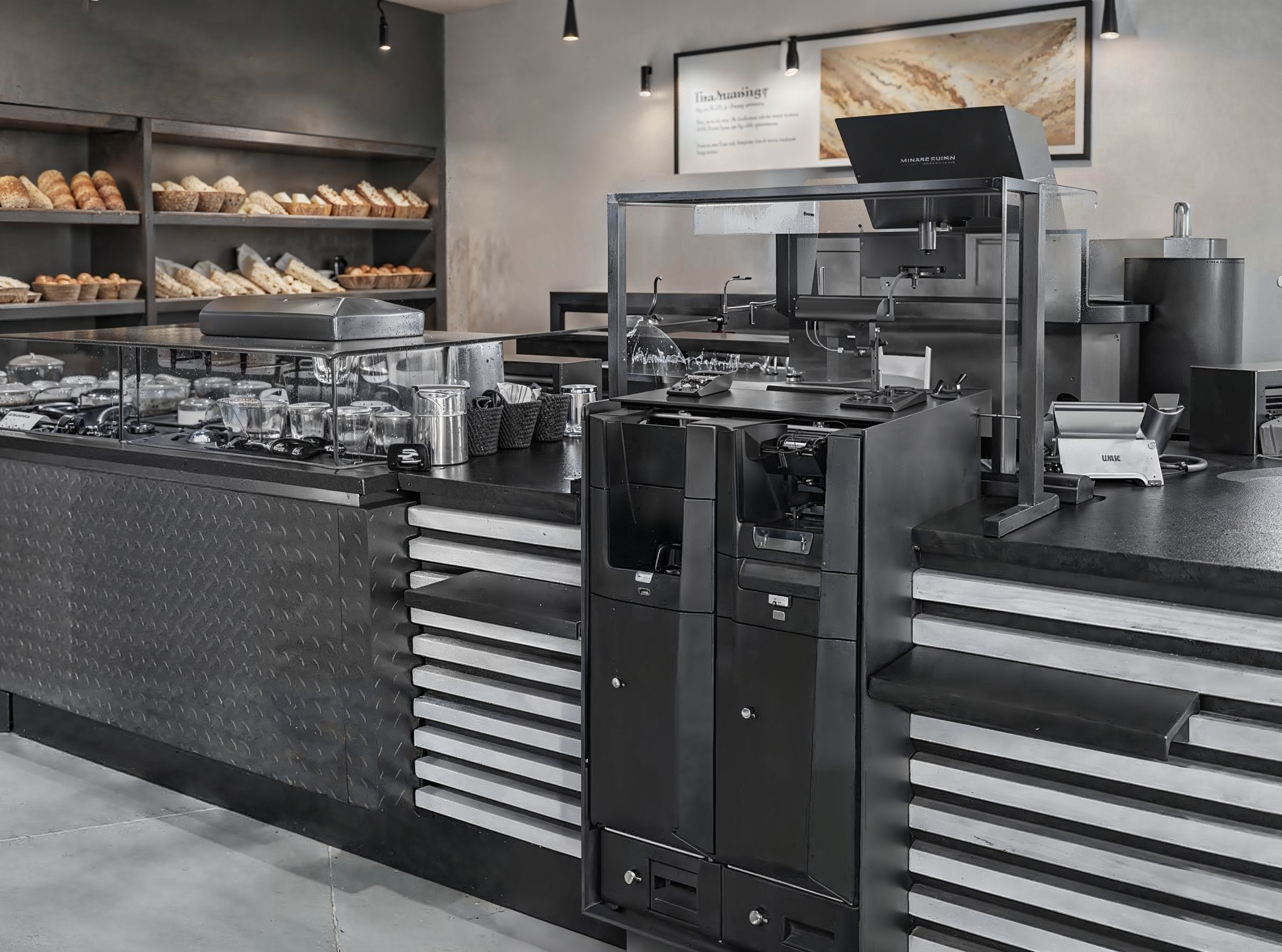 Monnayeur automatique intégré dans le comptoir d’une boulangerie moderne, avec présentoir de pains et espace de service.