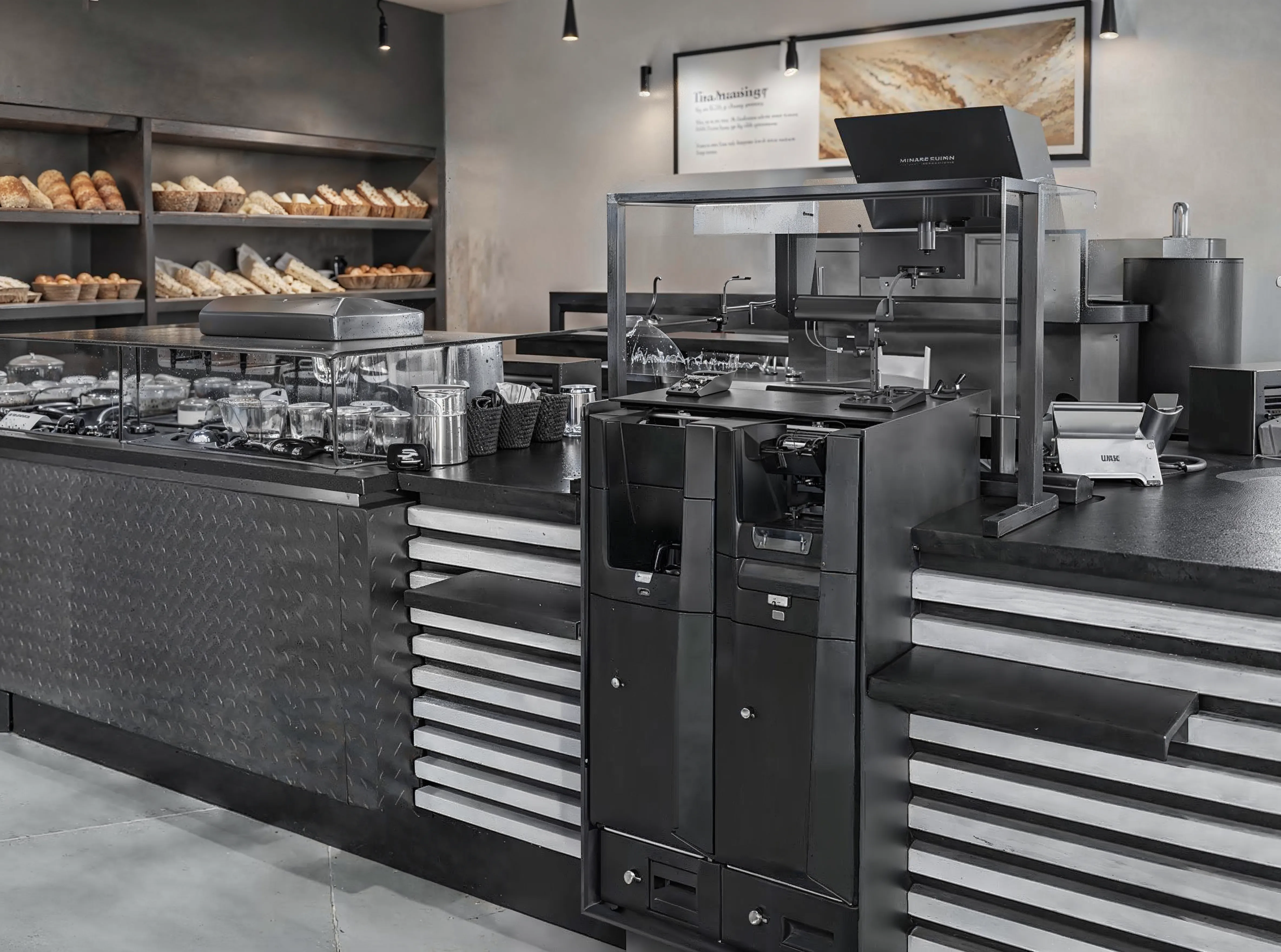 Monnayeur automatique intégré dans le comptoir d’une boulangerie moderne, avec présentoir de pains et espace de service.