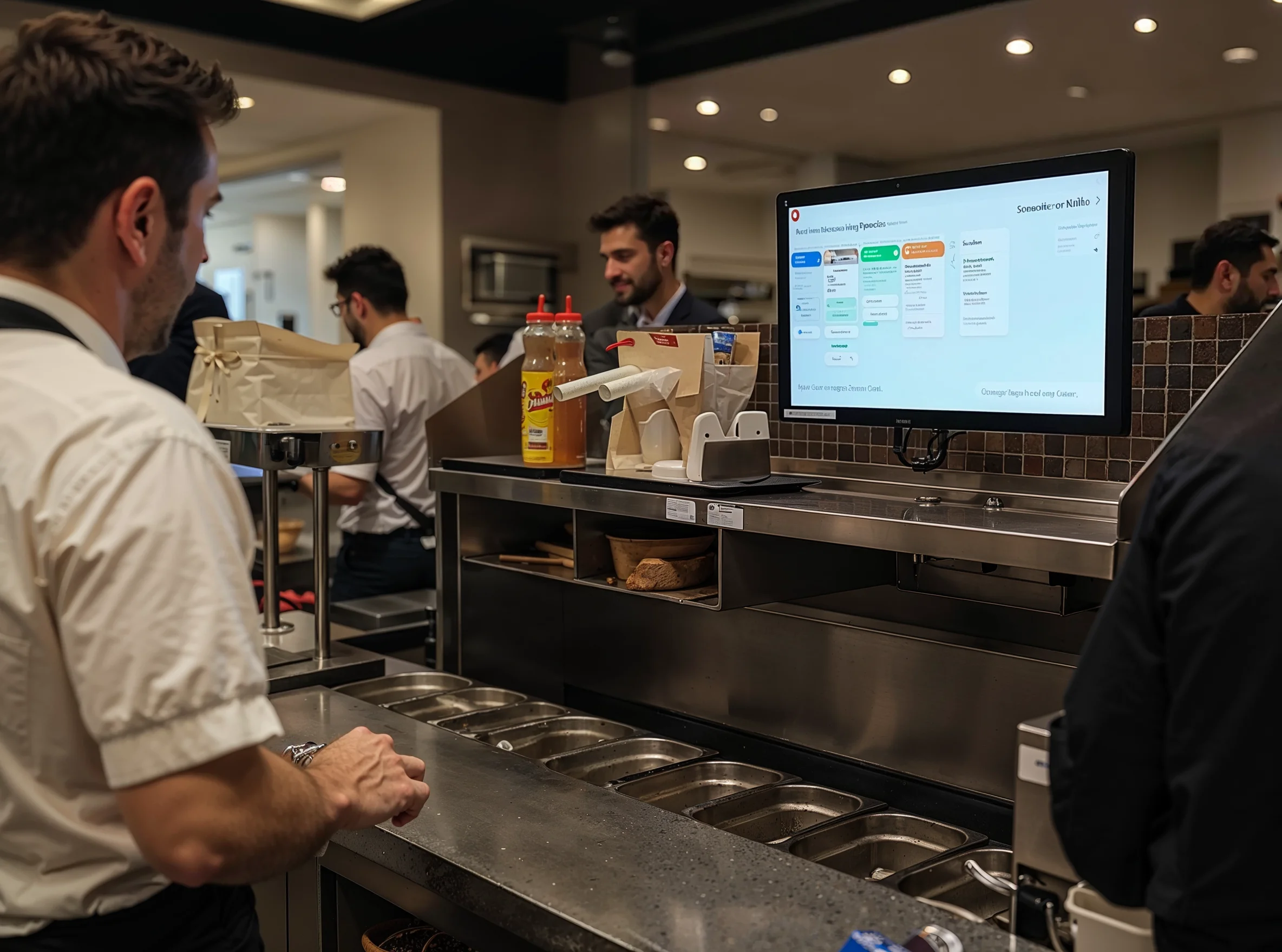 Écran de production KDS derrière comptoir de restaurant Écran de Kitchen Display System affichant les commandes en préparation, installé derrière un comptoir de restaurant, avec employés en plein service.