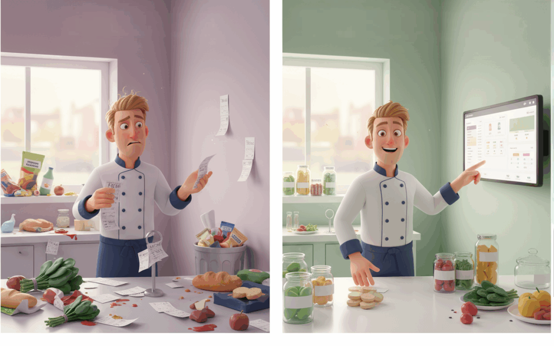 Comparaison avant/après de la gestion anti-gaspillage en restaurant, passant du chaos des pertes à un contrôle optimisé via un KDS.