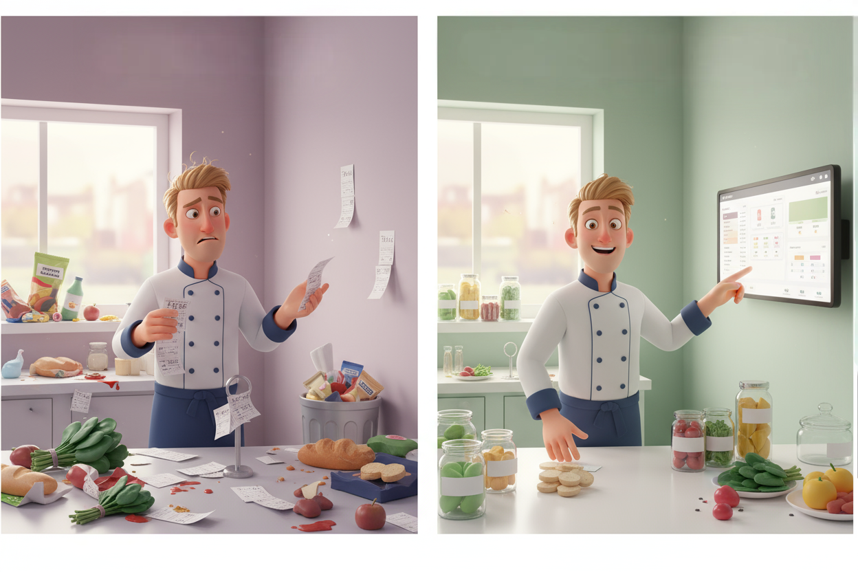 Illustration gestion anti-gaspillage restaurant avant-après KDS Comparaison avant/après de la gestion anti-gaspillage en restaurant, passant du chaos des pertes à un contrôle optimisé via un KDS.