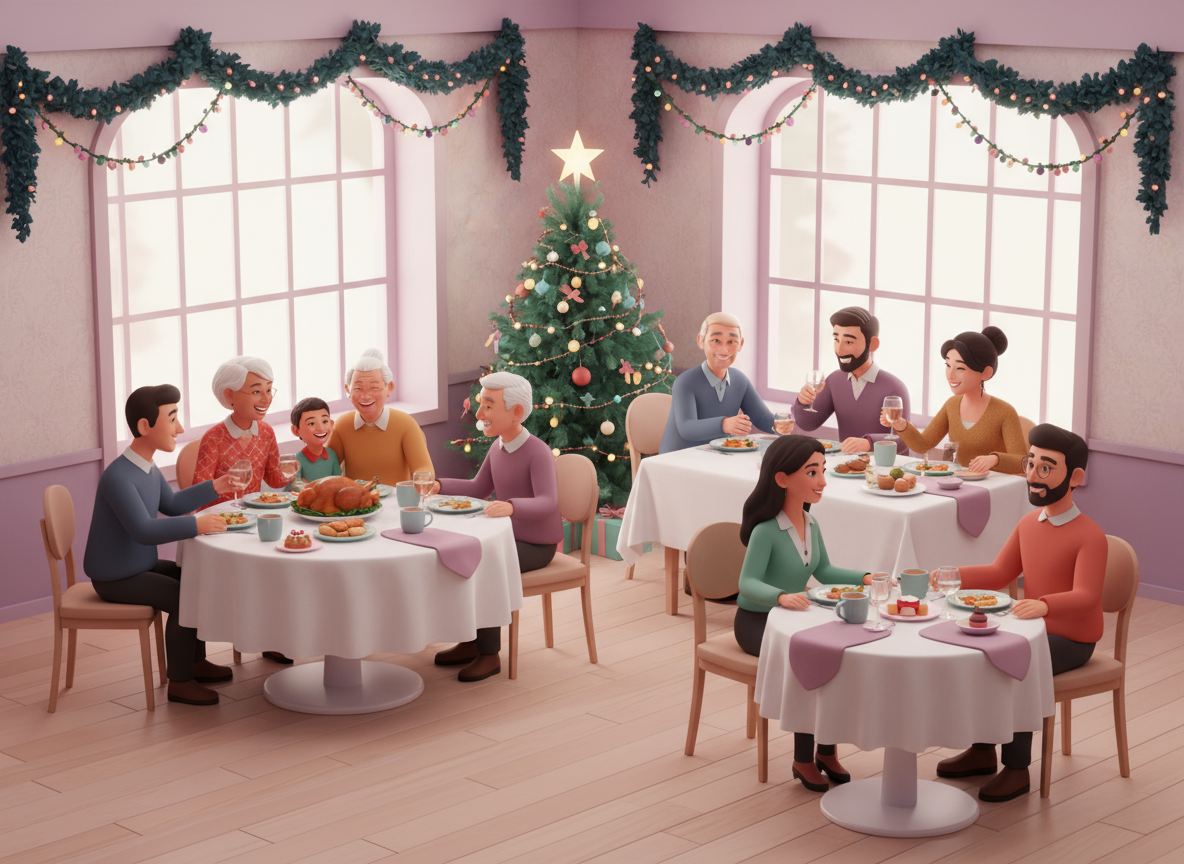 Intérieur d'un restaurant familial décoré pour les fêtes de fin d'année, avec plusieurs familles et couples attablés et souriants.