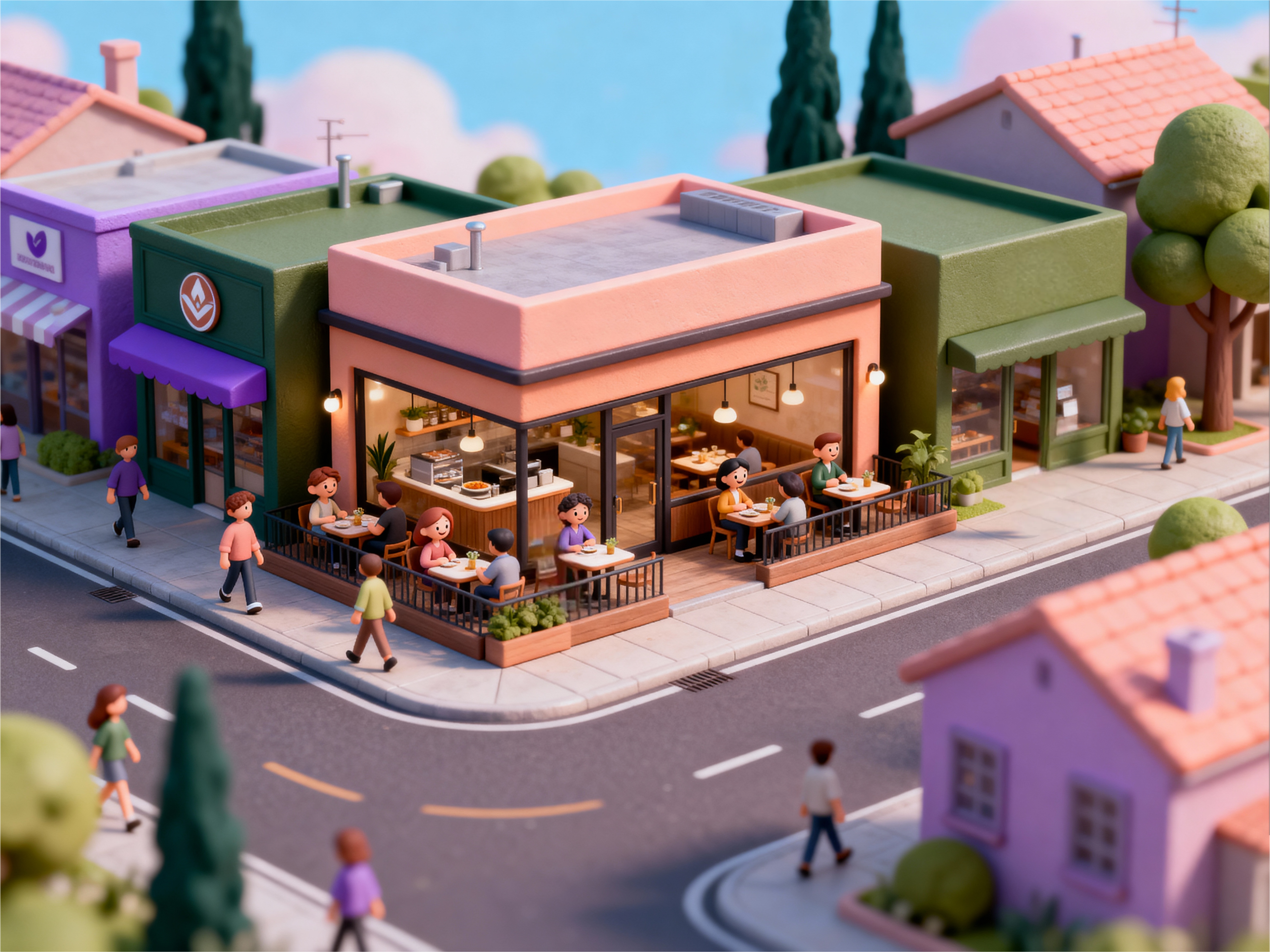Illustration 3D d'un restaurant ancré dans son quartier, avec des clients en terrasse et des commerces de proximité, symbolisant le marketing local.